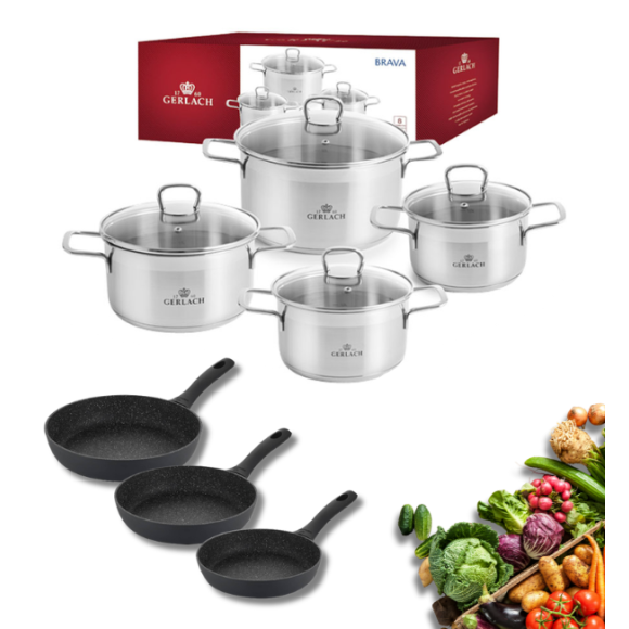 GERLACH BRAVA Komplet Garnki z pokrywkami 8 el + patelnie Gerlach Granitex 20, 24, 28 cm 