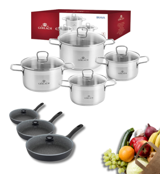 GERLACH BRAVA Komplet Garnki z pokrywkami 8 el + patelnie Gerlach Granitex 20, 24, 28 cm + pokrywki szklane