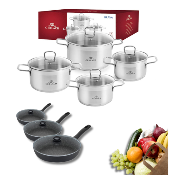 GERLACH BRAVA Komplet Garnki z pokrywkami 8 el + patelnie Gerlach Granitex 20, 24, 28 cm + pokrywki szklane
