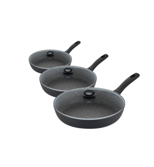 GERLACH BRAVA Komplet Garnki z pokrywkami 8 el + patelnie Gerlach Granitex 20, 24, 28 cm + pokrywki szklane