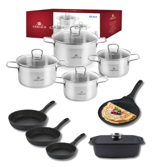 GERLACH BRAVA Komplet Garnki z pokrywkami 8 el + patelnie Gerlach Granitex 20, 24, 28 cm + patelnia naleśnikowa 26 cm+ Brytfanna 32 cm