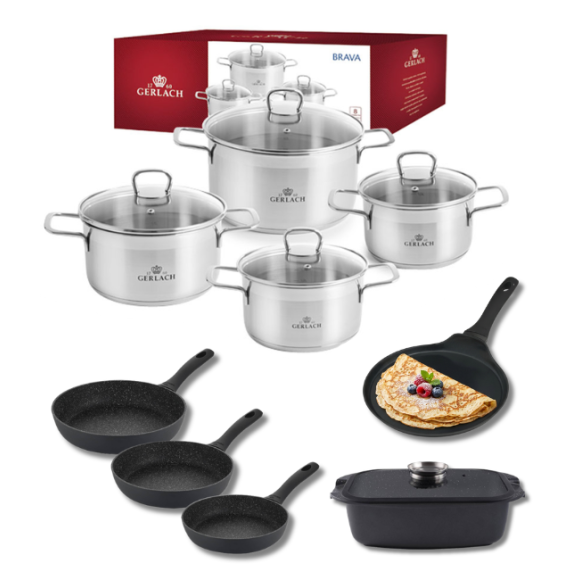 GERLACH BRAVA Komplet Garnki z pokrywkami 8 el + patelnie Gerlach Granitex 20, 24, 28 cm + patelnia naleśnikowa 26 cm+ Brytfanna 32 cm
