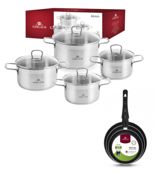 GERLACH BRAVA Komplet Garnki z pokrywkami 8 el + patelnie Gerlach Initial 20, 24, 28 cm