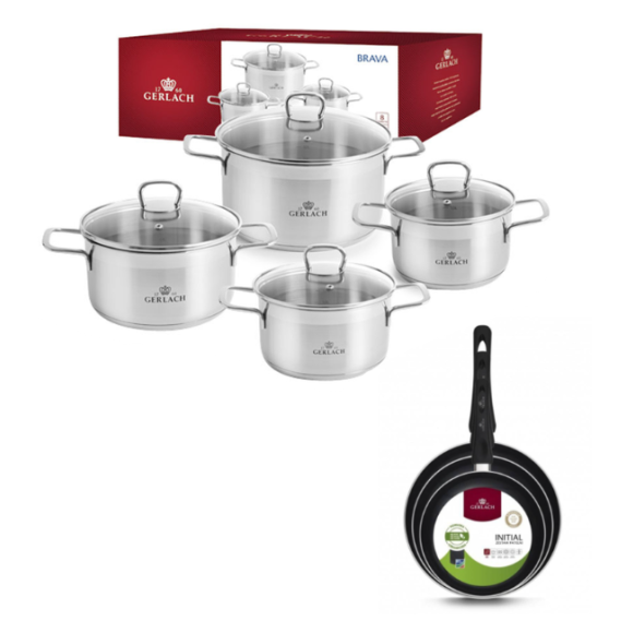 GERLACH BRAVA Komplet Garnki z pokrywkami 8 el + patelnie Gerlach Initial 20, 24, 28 cm