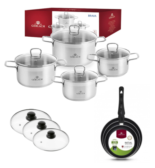 GERLACH BRAVA Komplet Garnki z pokrywkami 8 el + patelnie Gerlach Initial 20, 24, 28 cm+ pokrywki szklane