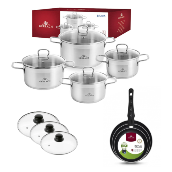 GERLACH BRAVA Komplet Garnki z pokrywkami 8 el + patelnie Gerlach Initial 20, 24, 28 cm+ pokrywki szklane