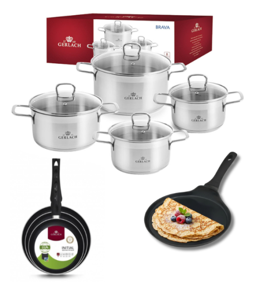 GERLACH BRAVA Komplet Garnki z pokrywkami 8 el + patelnie Gerlach Initial 20, 24, 28 cm + patelnia naleśnikowa 26 cm 