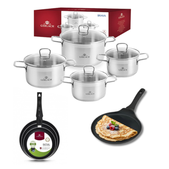 GERLACH BRAVA Komplet Garnki z pokrywkami 8 el + patelnie Gerlach Initial 20, 24, 28 cm + patelnia naleśnikowa 26 cm 