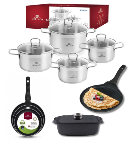 GERLACH BRAVA Komplet Garnki z pokrywkami 8 el + patelnie Gerlach Initial 20, 24, 28 cm + patelnia naleśnikowa 26 cm + Brytfanna 