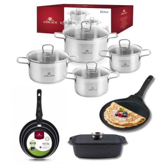GERLACH BRAVA Komplet Garnki z pokrywkami 8 el + patelnie Gerlach Initial 20, 24, 28 cm + patelnia naleśnikowa 26 cm + Brytfanna 