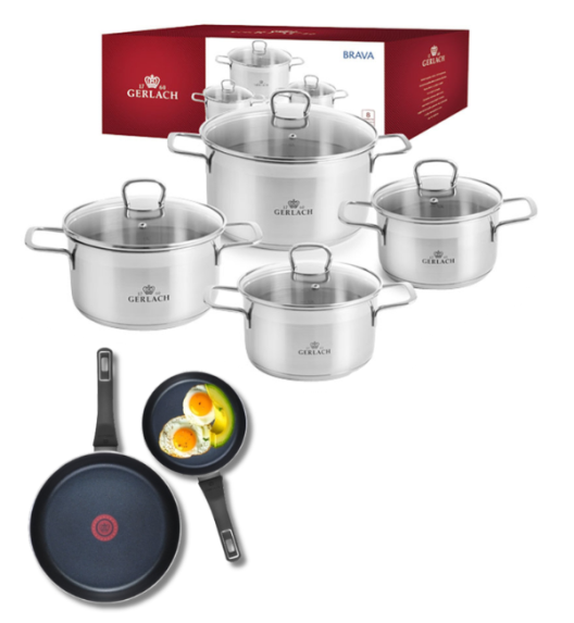 GERLACH BRAVA Komplet Garnki z pokrywkami 8 el + patelnie Gerlach Ambiente 28, 20 cm