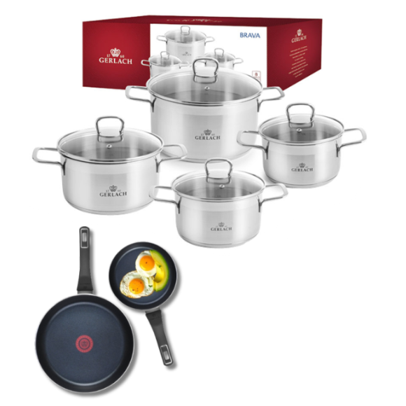 GERLACH BRAVA Komplet Garnki z pokrywkami 8 el + patelnie Gerlach Ambiente 28, 20 cm