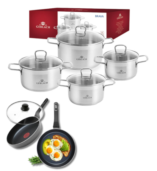 GERLACH BRAVA Komplet Garnki z pokrywkami 8 el + patelnie Gerlach Ambiente 28, 20 cm + pokrywki szklane 