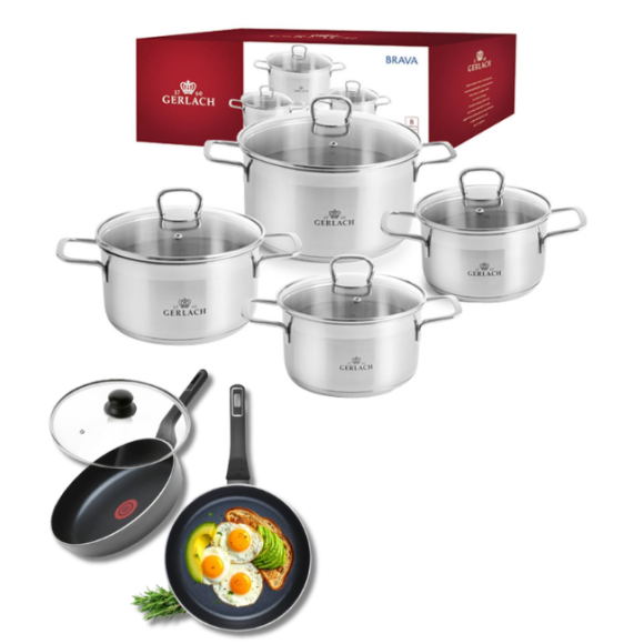 GERLACH BRAVA Komplet Garnki z pokrywkami 8 el + patelnie Gerlach Ambiente 28, 20 cm + pokrywki szklane 