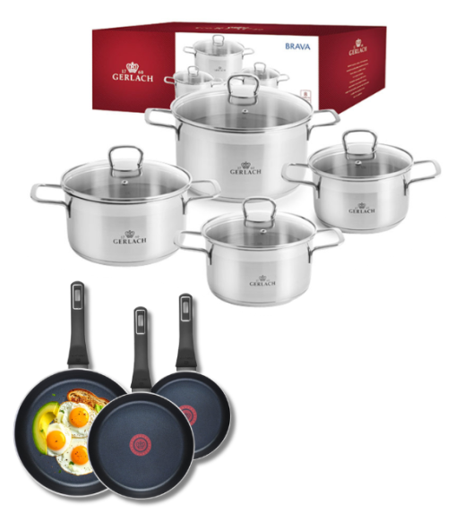 GERLACH BRAVA Komplet Garnki z pokrywkami 8 el + patelnie Gerlach Ambiente 20, 24, 28 cm