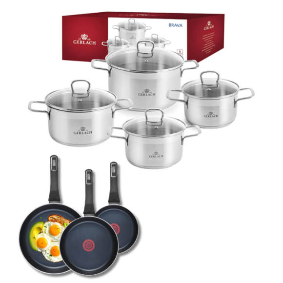GERLACH BRAVA Komplet Garnki z pokrywkami 8 el + patelnie Gerlach Ambiente 20, 24, 28 cm