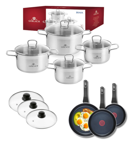 GERLACH BRAVA Komplet Garnki z pokrywkami 8 el + patelnie Gerlach Ambiente 20, 24, 28 cm + pokrywki szklane