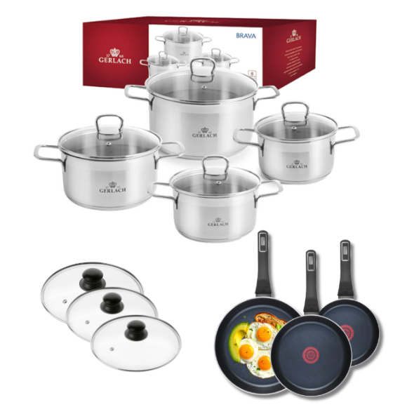 GERLACH BRAVA Komplet Garnki z pokrywkami 8 el + patelnie Gerlach Ambiente 20, 24, 28 cm + pokrywki szklane