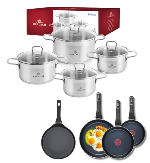 GERLACH BRAVA Komplet Garnki z pokrywkami 8 el + patelnie Gerlach Ambiente 20, 24, 28 cm + Patelnia naleśnikowa 26 cm