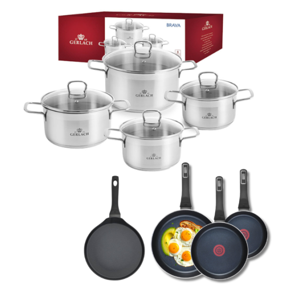 GERLACH BRAVA Komplet Garnki z pokrywkami 8 el + patelnie Gerlach Ambiente 20, 24, 28 cm + Patelnia naleśnikowa 26 cm