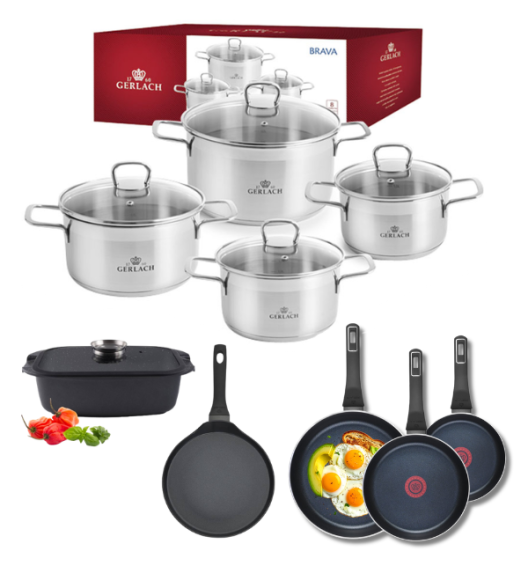 GERLACH BRAVA Komplet Garnki z pokrywkami 8 el + patelnie Gerlach Ambiente 20, 24, 28 cm + Patelnia naleśnikowa 26 cm + Brytfanna Granitex