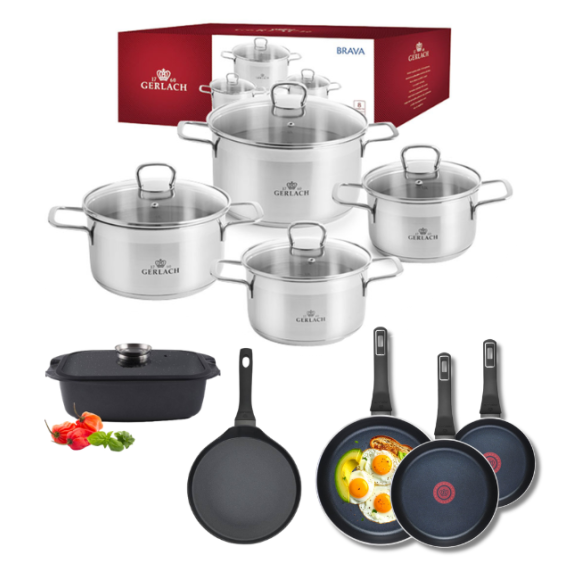 GERLACH BRAVA Komplet Garnki z pokrywkami 8 el + patelnie Gerlach Ambiente 20, 24, 28 cm + Patelnia naleśnikowa 26 cm + Brytfanna Granitex