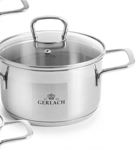 GERLACH BRAVA Komplet Garnki z pokrywkami 8 el + patelnie Gerlach Ambiente 20, 24, 28 cm + Patelnia naleśnikowa 26 cm + Brytfanna Granitex