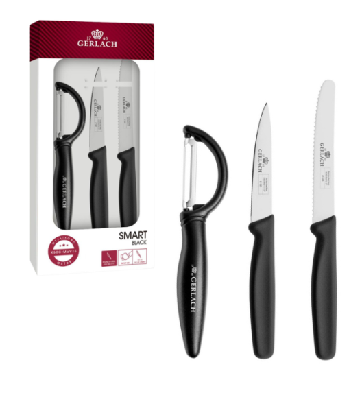 GERLACH SMART COLOR BLACK Komplet 2 noży + obieraczka / w pudełku 