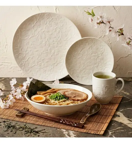 LUBIANA HANAMI KE KREMOWY Serwis obiadowy z kubkiem 48 el 12 os / zdobiona porcelana luz