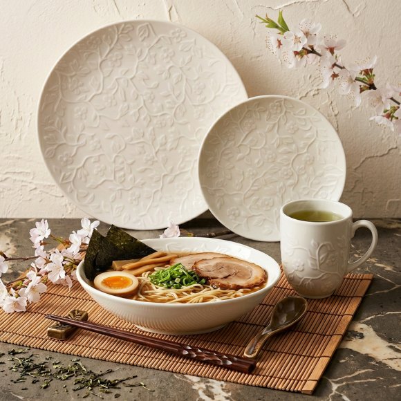 LUBIANA HANAMI KE KREMOWY Serwis obiadowy z kubkiem 48 el 12 os / zdobiona porcelana luz