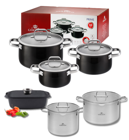 GERLACH PRIME Komplet Garnki z pokrywkami 6 el + Garnki Gerlach Ambiente 7 l i 10 l + Brytfanna Granitex 