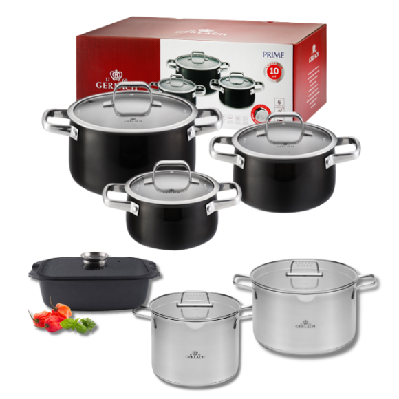 GERLACH PRIME Komplet Garnki z pokrywkami 6 el + Garnki Gerlach Ambiente 7 l i 10 l + Brytfanna Granitex 