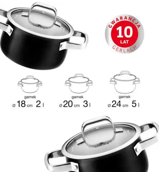 GERLACH PRIME Komplet Garnki z pokrywkami 6 el + Garnki Gerlach Ambiente 7 l i 10 l + Brytfanna Granitex 