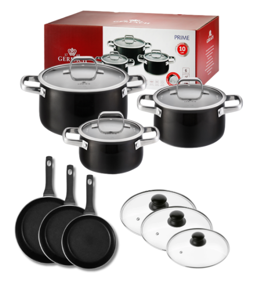 GERLACH PRIME Komplet Garnki z pokrywkami 6 el + Patelnie Gerlach Harmony Classic 20, 24, 28 cm + pokrywki szklane