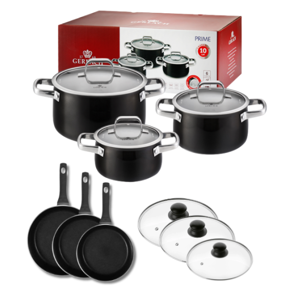 GERLACH PRIME Komplet Garnki z pokrywkami 6 el + Patelnie Gerlach Harmony Classic 20, 24, 28 cm + pokrywki szklane
