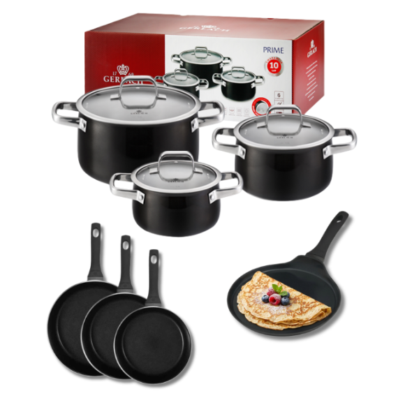 GERLACH PRIME Komplet Garnki z pokrywkami 6 el + Patelnie Gerlach Harmony Classic 20, 24, 28 cm + patelnia naleśnikowa 26 cm 