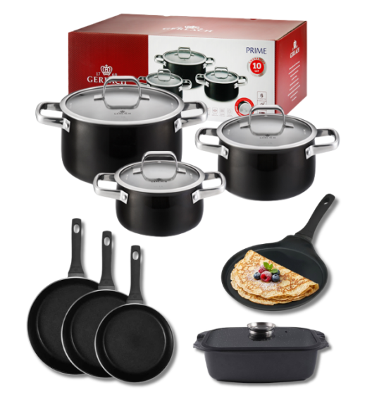 GERLACH PRIME Komplet Garnki z pokrywkami 6 el + Patelnie Gerlach Harmony Classic 20, 24, 28 cm + patelnia naleśnikowa 26 cm + Brytfanna Granitex 