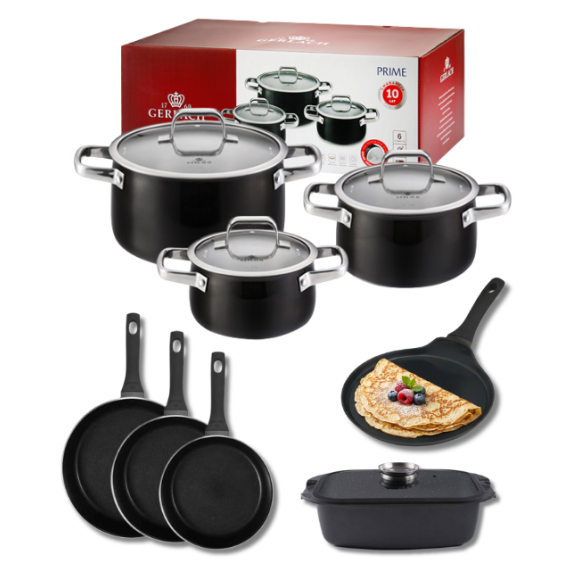 GERLACH PRIME Komplet Garnki z pokrywkami 6 el + Patelnie Gerlach Harmony Classic 20, 24, 28 cm + patelnia naleśnikowa 26 cm + Brytfanna Granitex 