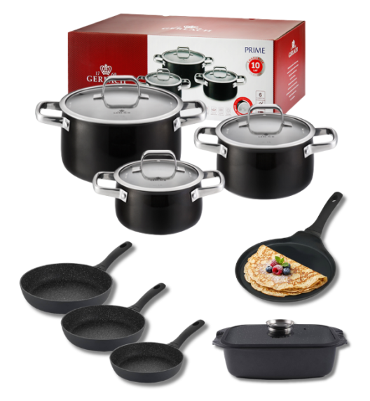 GERLACH PRIME Komplet Garnki z pokrywkami 6 el / stal nierdzewna + Patelnia naleśnikowa 26 cm + Patelnia Granitex 20, 24, 28 cm + Patelnia naleśnikowa + Brytfanna