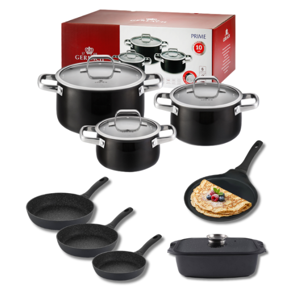 GERLACH PRIME Komplet Garnki z pokrywkami 6 el / stal nierdzewna + Patelnia naleśnikowa 26 cm + Patelnia Granitex 20, 24, 28 cm + Patelnia naleśnikowa + Brytfanna