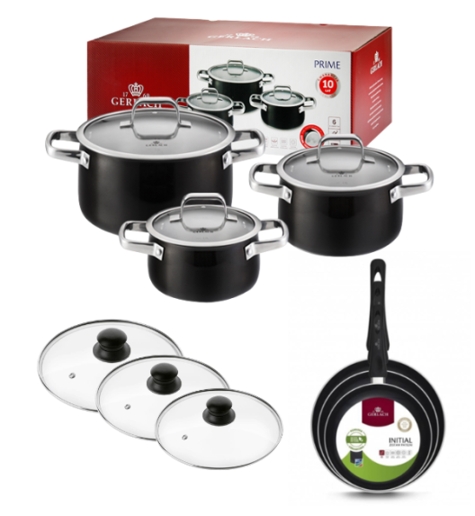 GERLACH PRIME Komplet Garnki z pokrywkami 6 el + patelnie Gerlach Initial 20, 24, 28 cm + pokrywki szklane