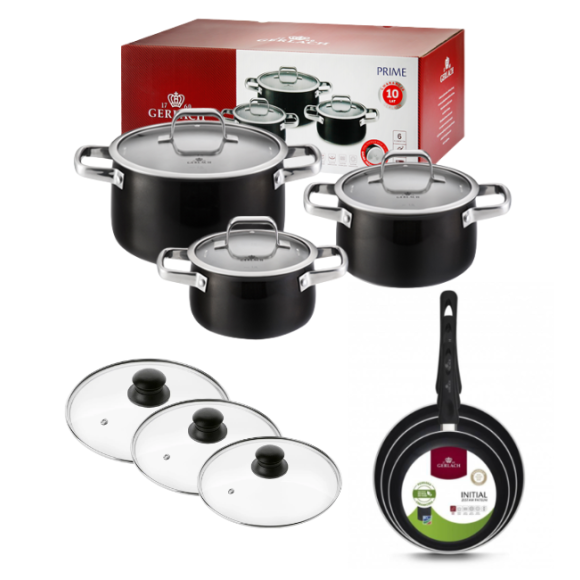 GERLACH PRIME Komplet Garnki z pokrywkami 6 el + patelnie Gerlach Initial 20, 24, 28 cm + pokrywki szklane