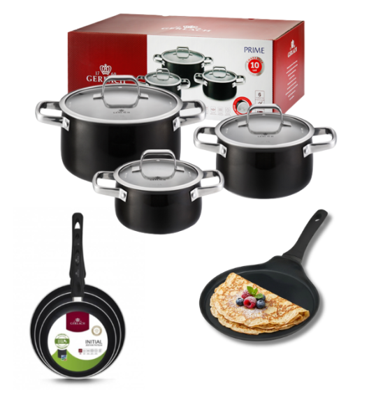GERLACH PRIME Komplet Garnki z pokrywkami 6 el + patelnie Gerlach Initial 20, 24, 28 cm + Patelnia naleśnikowa 26 cm