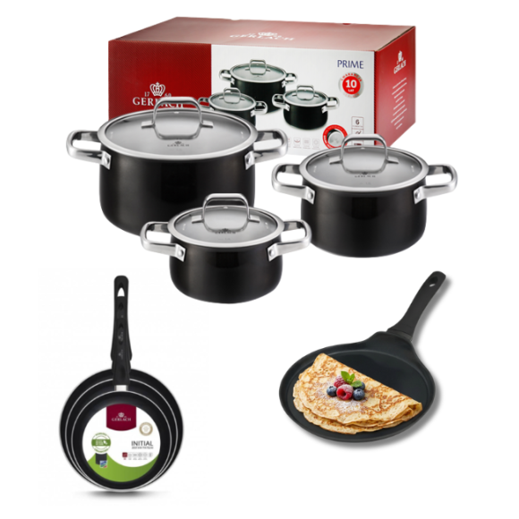 GERLACH PRIME Komplet Garnki z pokrywkami 6 el + patelnie Gerlach Initial 20, 24, 28 cm + Patelnia naleśnikowa 26 cm