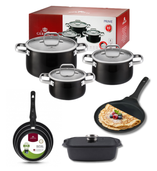 GERLACH PRIME Komplet Garnki z pokrywkami 6 el + patelnie Gerlach Initial 20, 24, 28 cm + Patelnia naleśnikowa 26 cm + Brytfanna