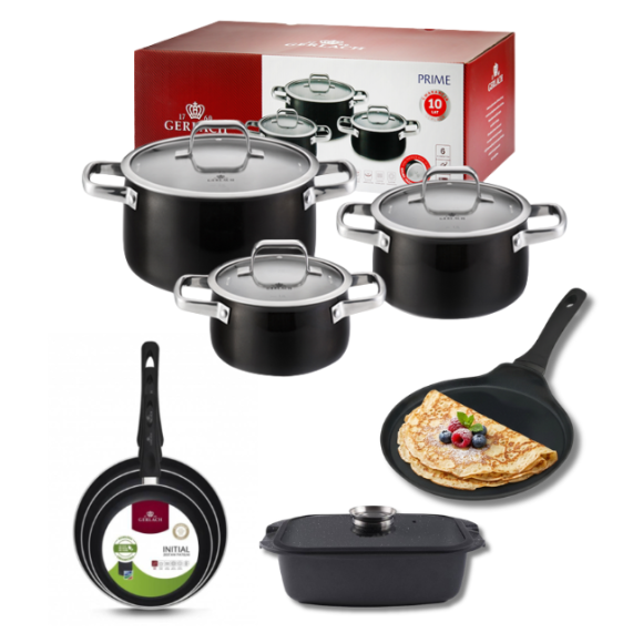 GERLACH PRIME Komplet Garnki z pokrywkami 6 el + patelnie Gerlach Initial 20, 24, 28 cm + Patelnia naleśnikowa 26 cm + Brytfanna