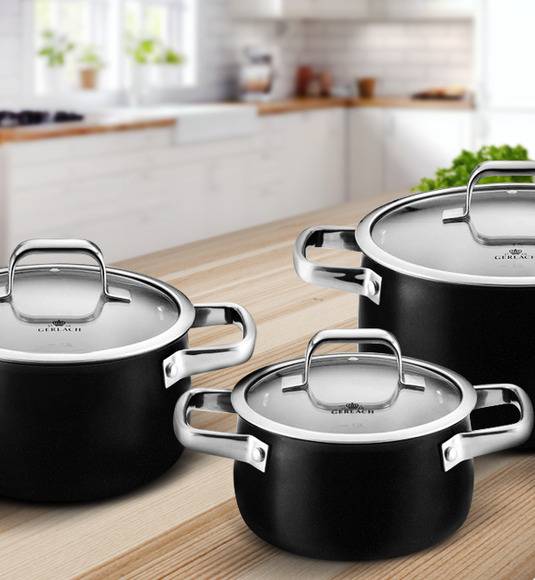 GERLACH PRIME Komplet Garnki z pokrywkami 6 el + patelnie Gerlach Initial 20, 24, 28 cm + Patelnia naleśnikowa 26 cm + Brytfanna