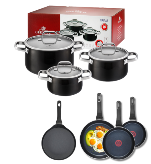 GERLACH PRIME Komplet Garnki z pokrywkami 6 el + patelnie Gerlach Ambiente 20, 24, 28 cm+ Patelnia naleśnikowa 26 cm
