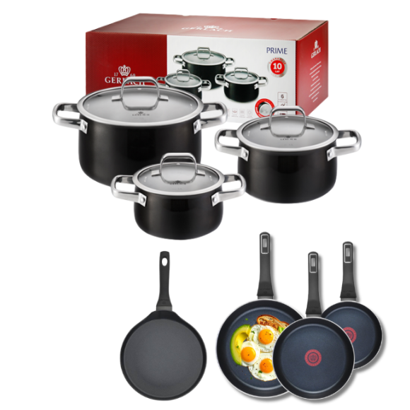 GERLACH PRIME Komplet Garnki z pokrywkami 6 el + patelnie Gerlach Ambiente 20, 24, 28 cm+ Patelnia naleśnikowa 26 cm