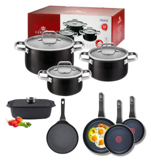 GERLACH PRIME Komplet Garnki z pokrywkami 6 el + patelnie Gerlach Ambiente 20, 24, 28 cm+ Patelnia naleśnikowa 26 cm + Brytfanna 